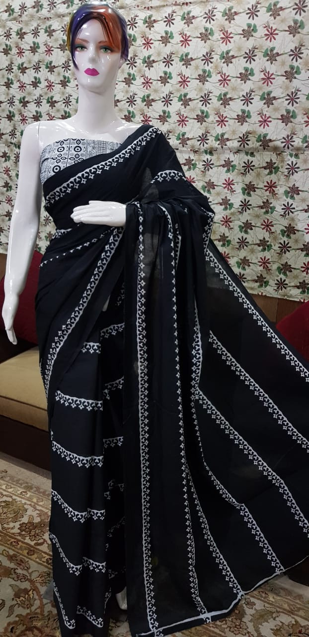 Midnight Black Cotton Saree with White Tribal-Inspired Horizontal Patterns.