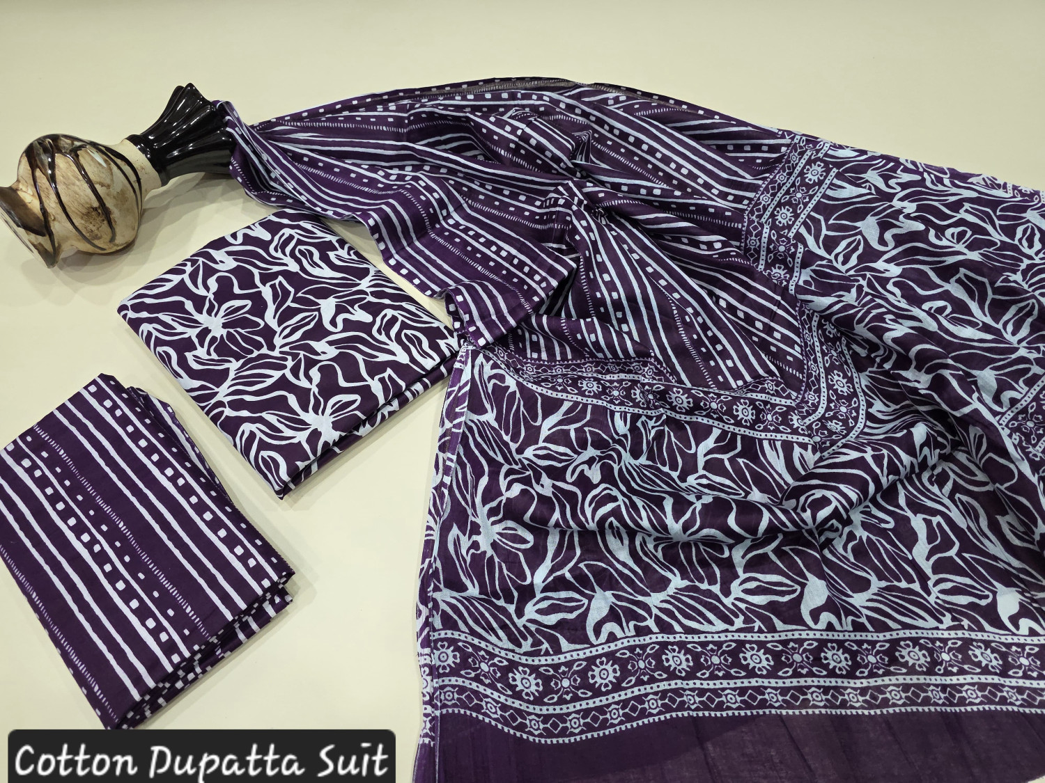 Purple and White Hand Block Printed Cotton Dupatta Suit.