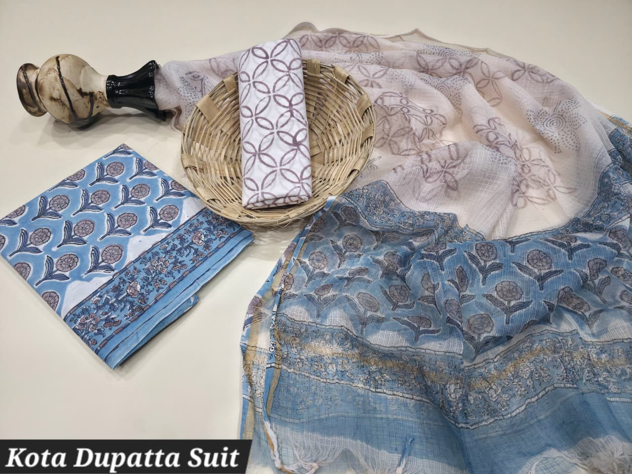 Blue and White Hand Block Print Cotton Suit with Kota Doria Dupatta.