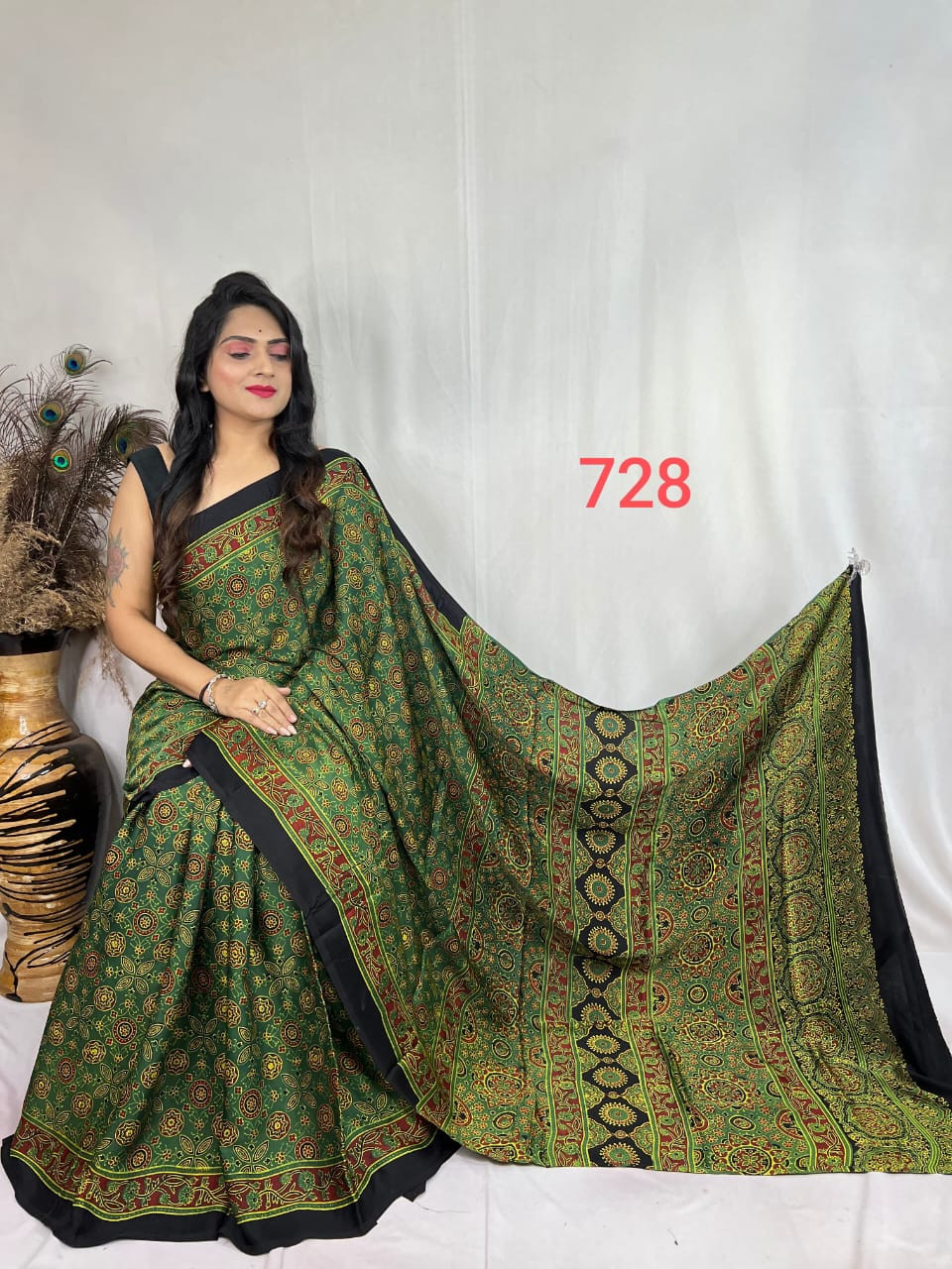 Green and Black Ajrakh Hand Block Print Modal Silk Saree.