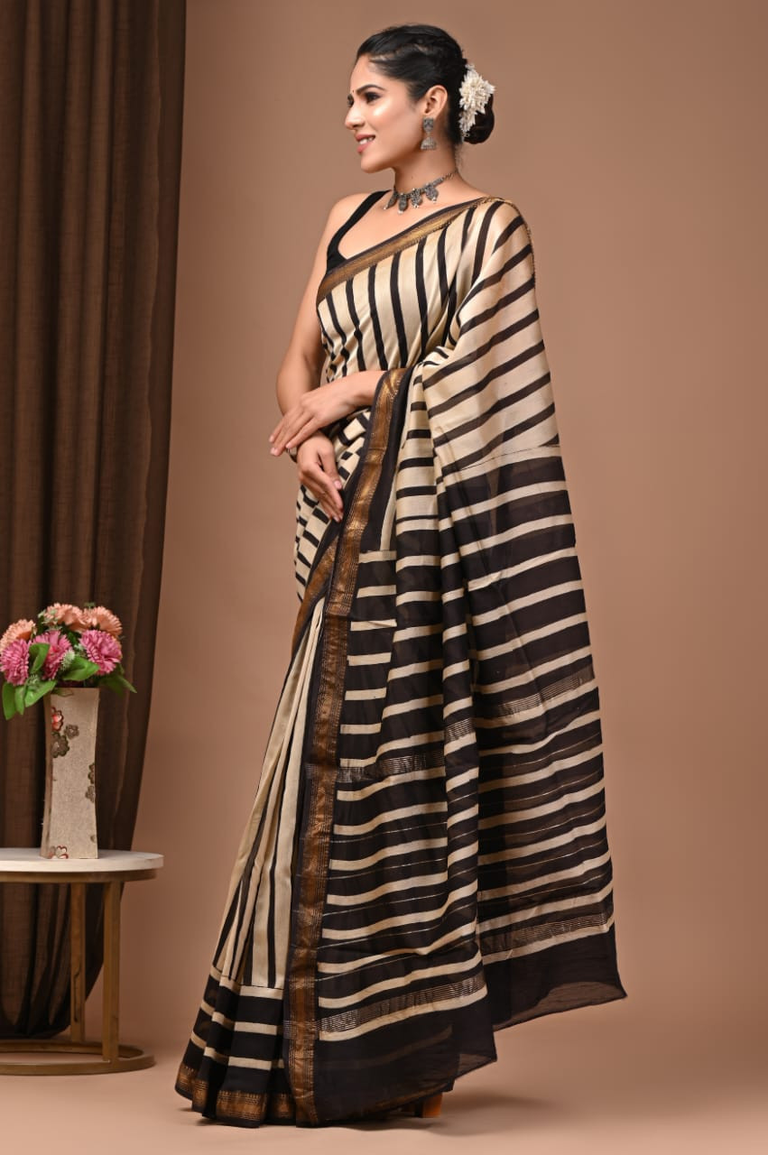 Beige Black Striped Maheshwari/Tussar Silk Saree with Zari Border
