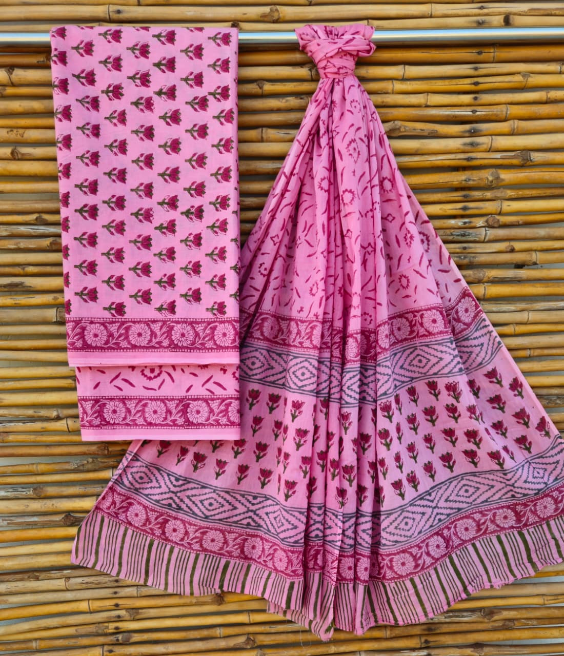 Chic Pink and Maroon Hand Block Print Cotton Suit Set