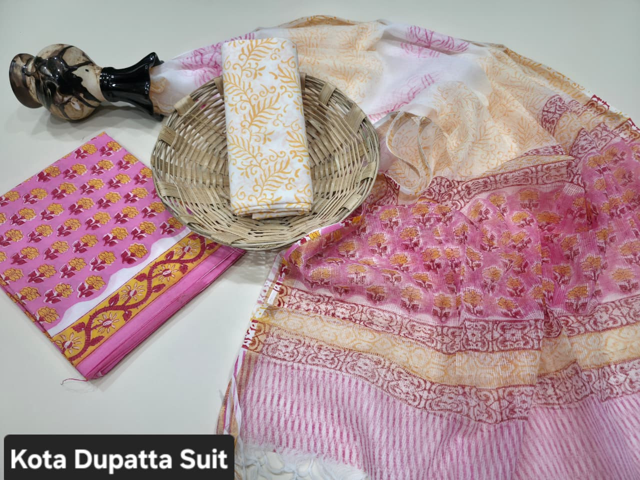 Pink & Yellow Floral Hand Block Print Cotton Suit with a sheer Kota Doria Dupatta.