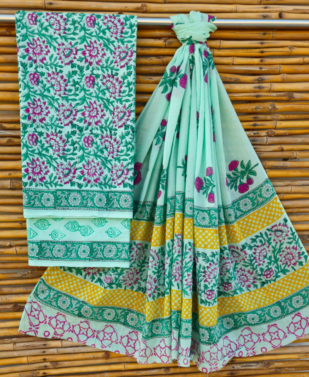 Chic Aqua Green and Pink Hand Block Print Cotton Suit Set