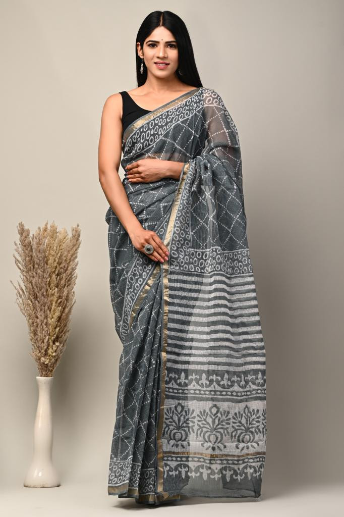 Grey & White Kota Doria Saree Handmade Dabu/Bagru Hand Block Printed