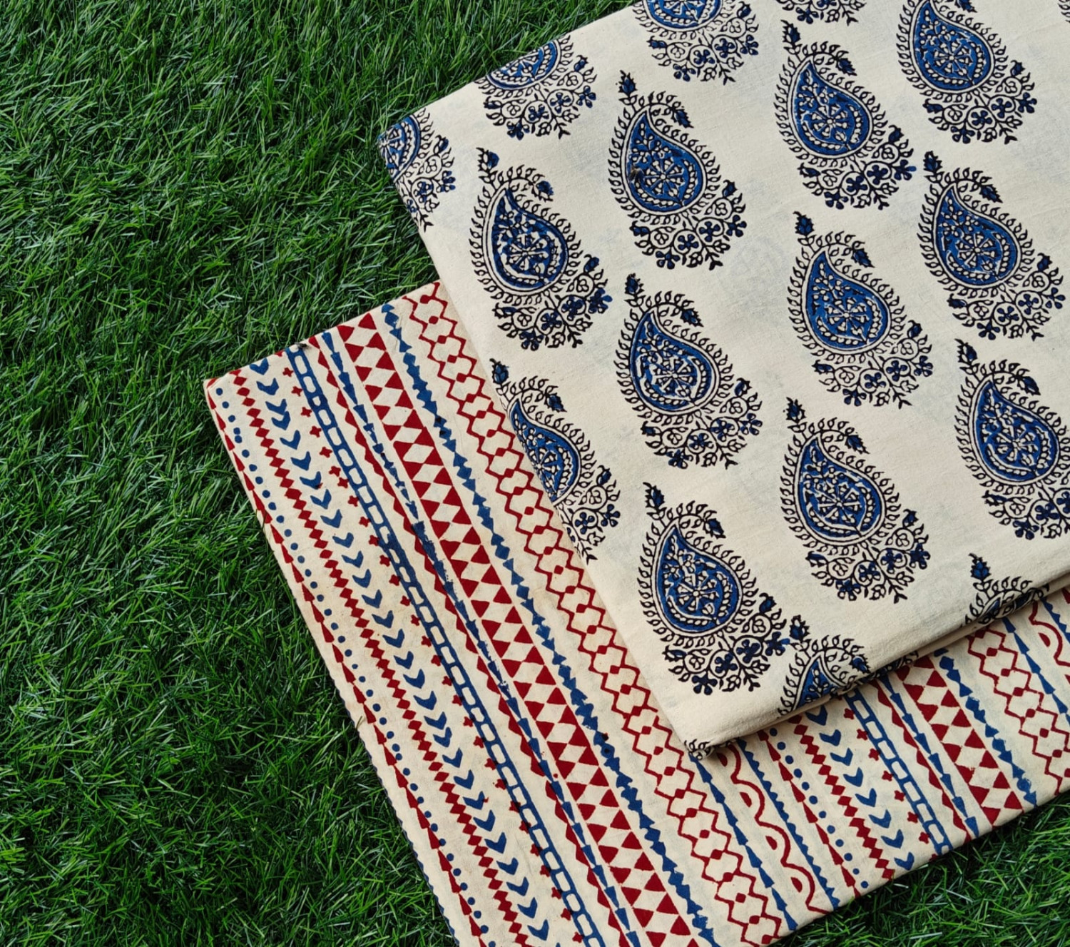 Indigo Blue & Crimson Red 'Paisley & Chevron Stripe' Hand-Block Bagru Dabu Print Cotton (60/60) Cambric Suit Set – Top 2.50 MTR + Bottom 2.50 MTR