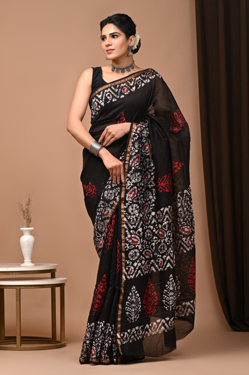 "Timeless Noir" Hand Block Printed Maheshwari Silk Saree with Blouse