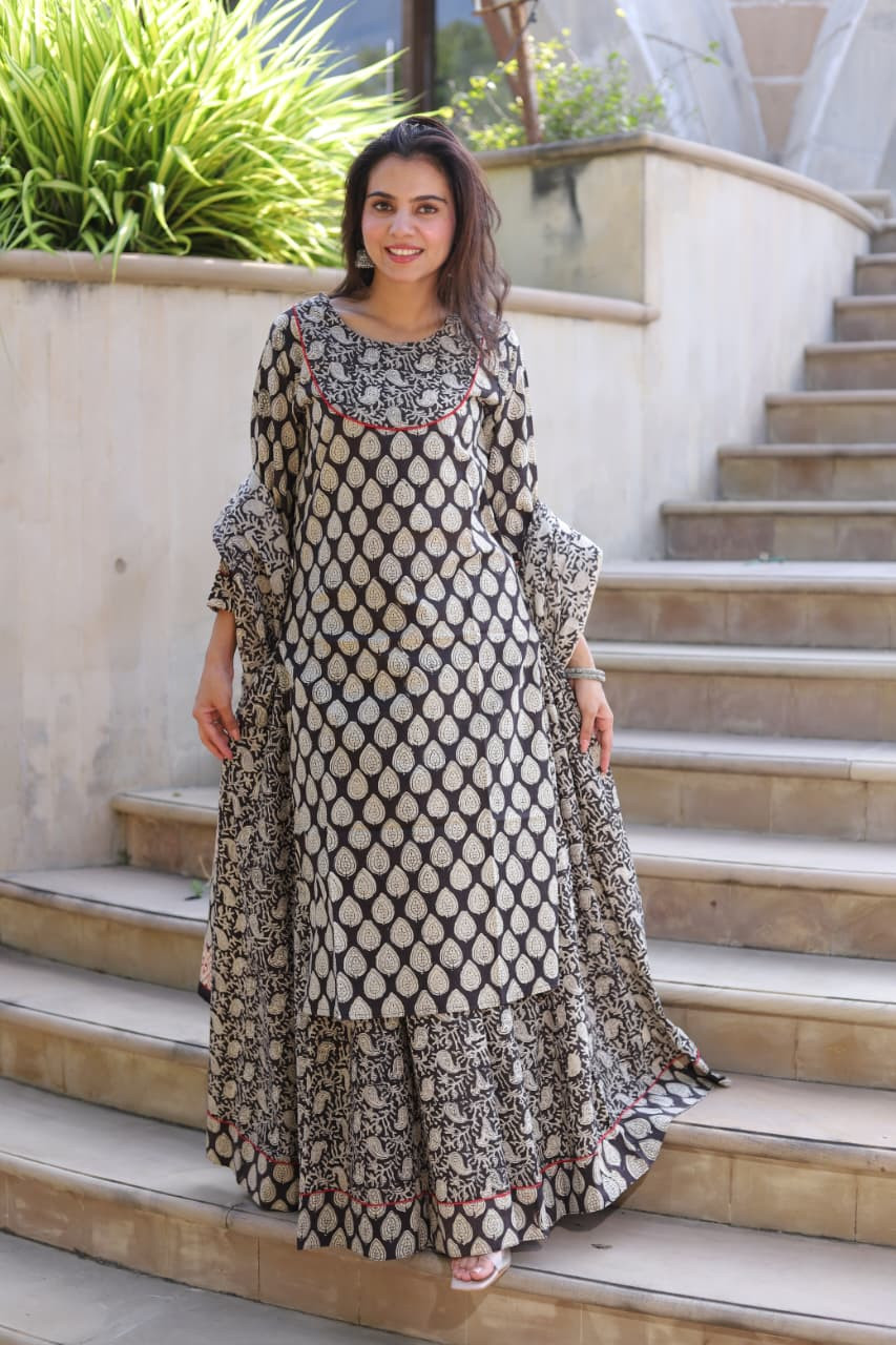 Black & White Hand Block Print Cotton Kurta & Sharara Set with Red Dupatta