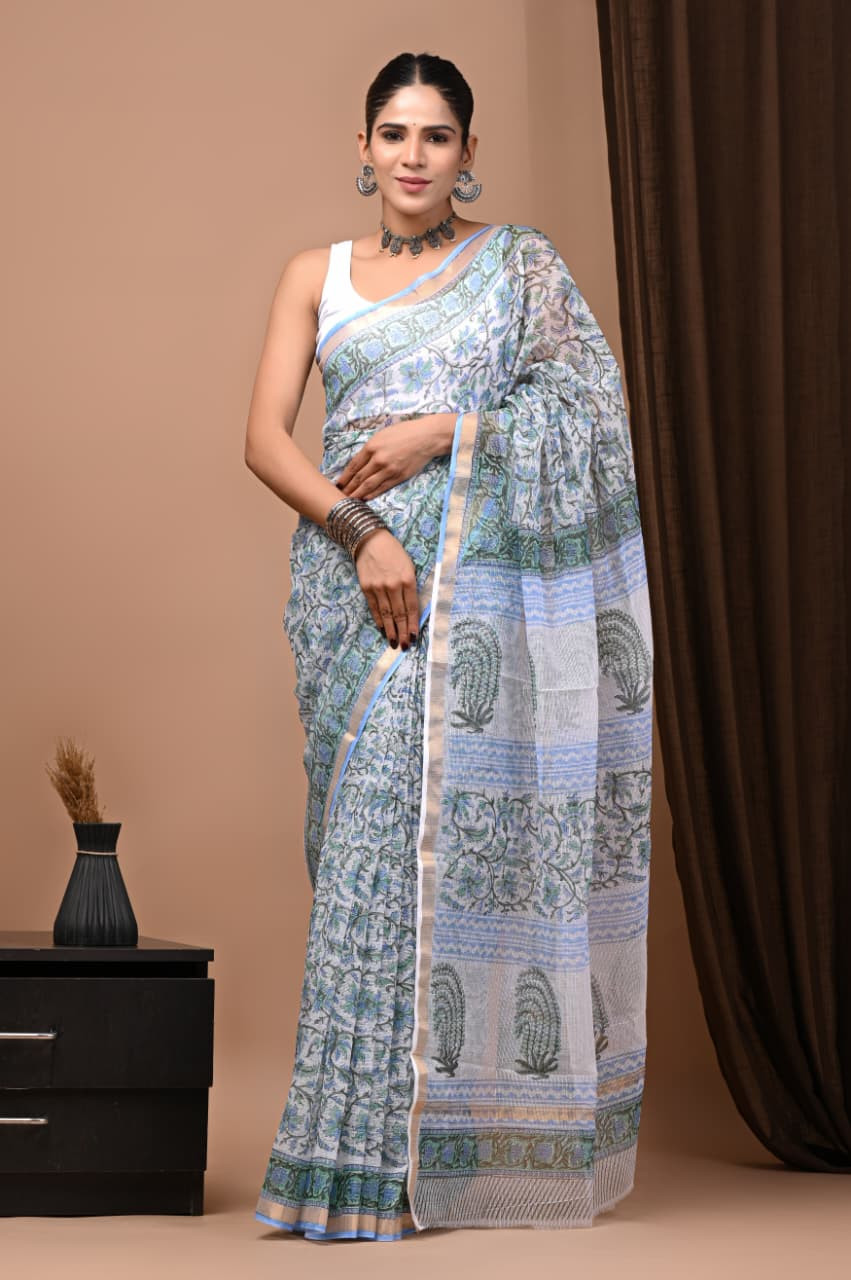 Blue & White Kota Doria Saree Handmade Dabu/Bagru Hand Block Printed