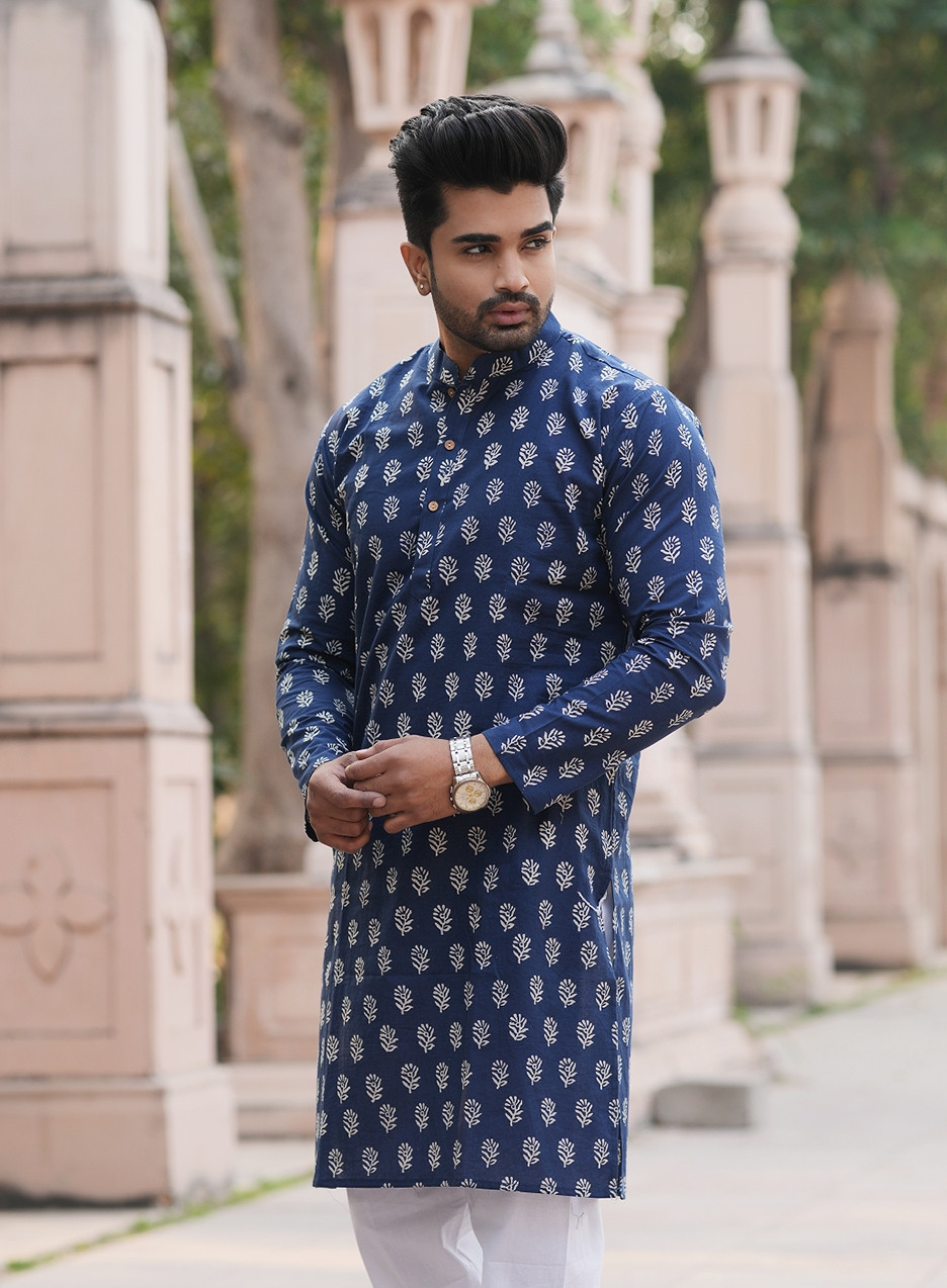 Indigo Blue with White Leaf Print Kurta