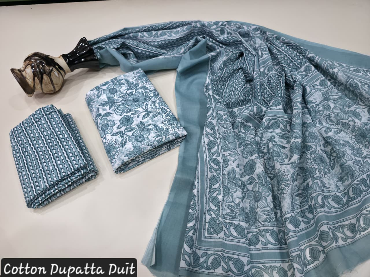 Teal Blue and White Hand Block Printed Cotton Dupatta Suit.