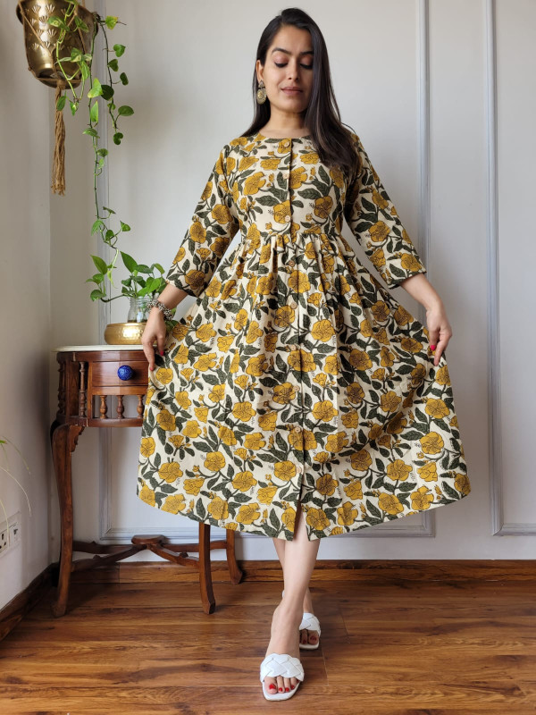 Mustard Yellow and White/Green Floral Print Cotton One Piece Dress with a round neckline