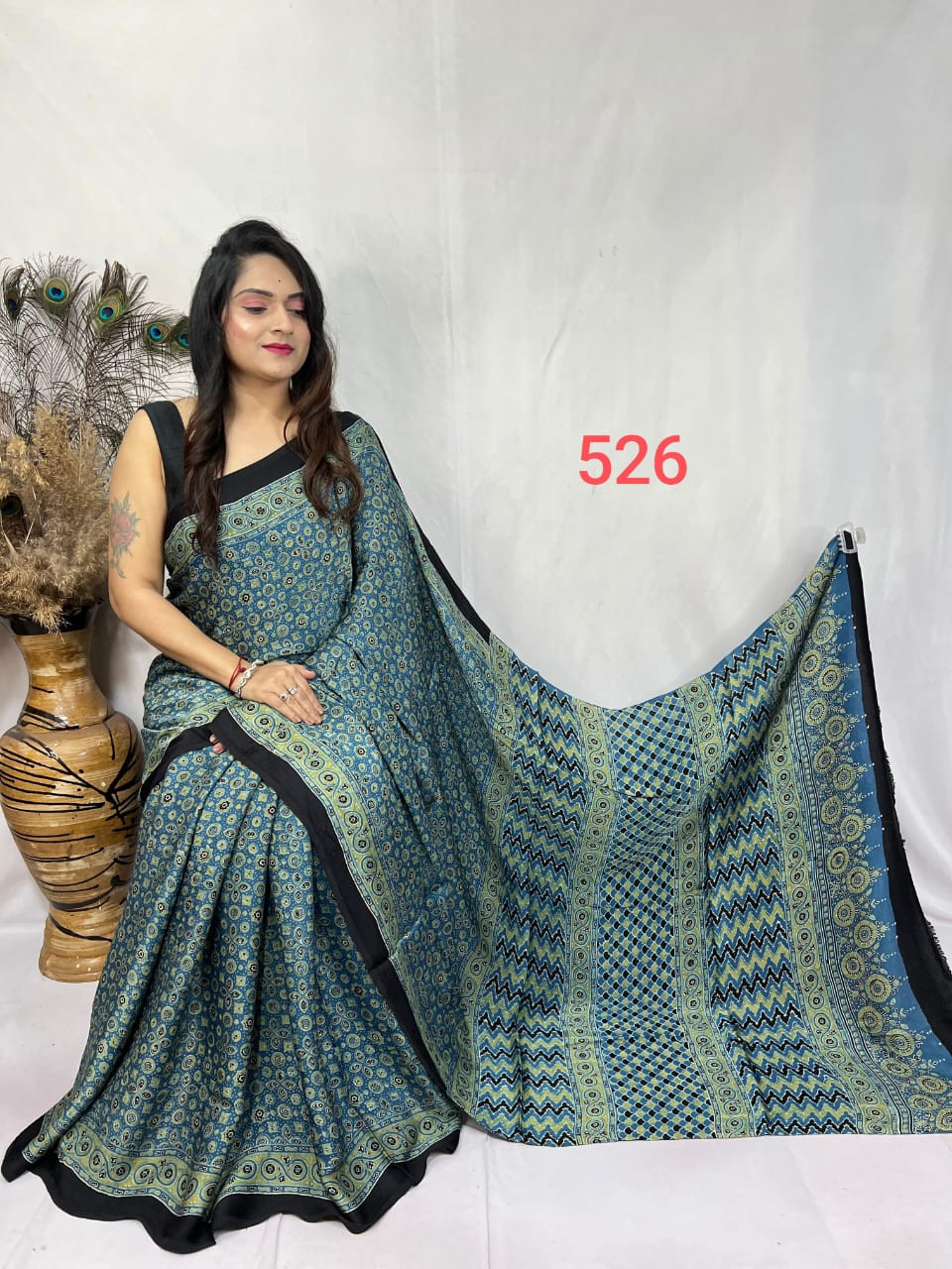 Blue and Green Modal Silk Ajrakh Print Saree