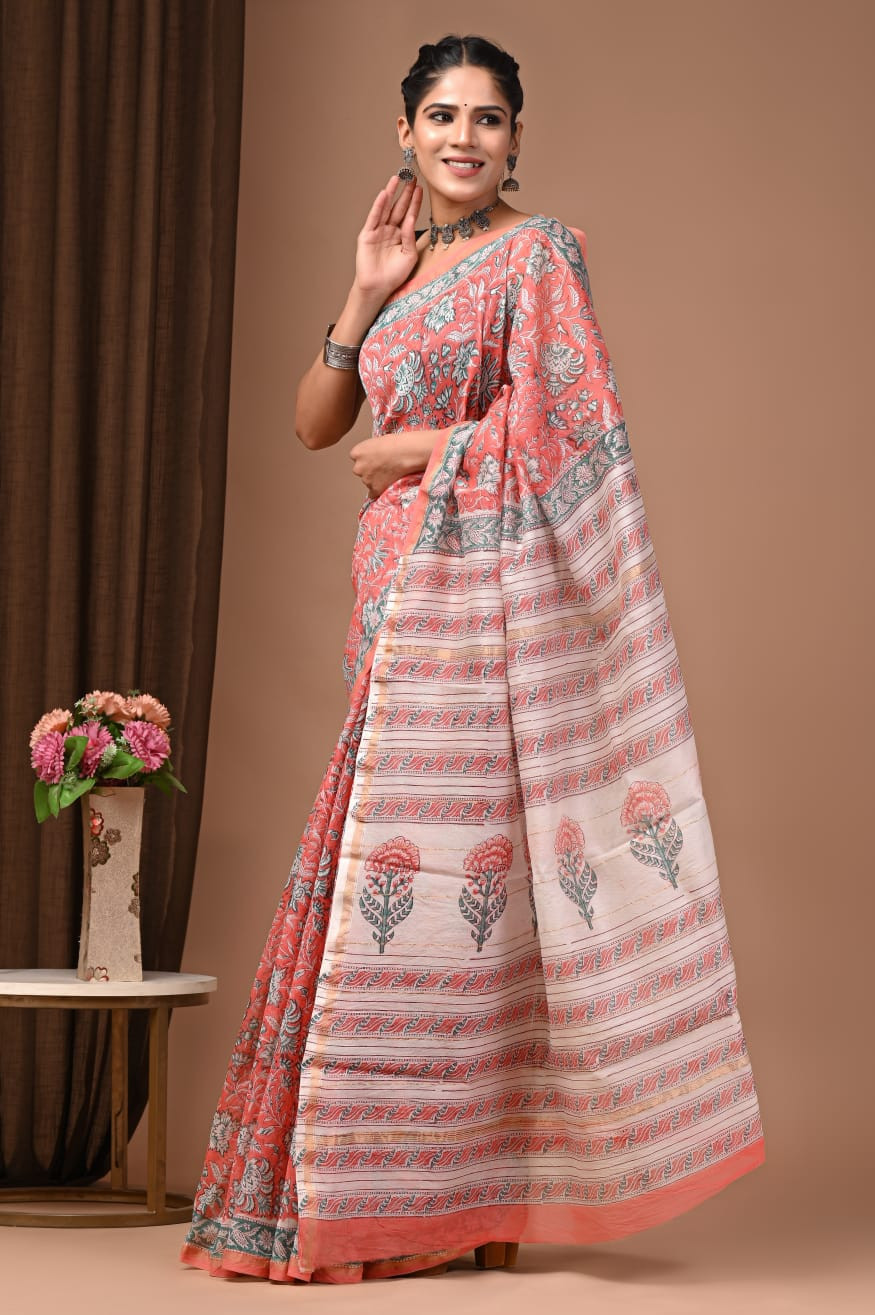 Peach Blossom: Hand-Block Printed Cotton Saree in White & Pink