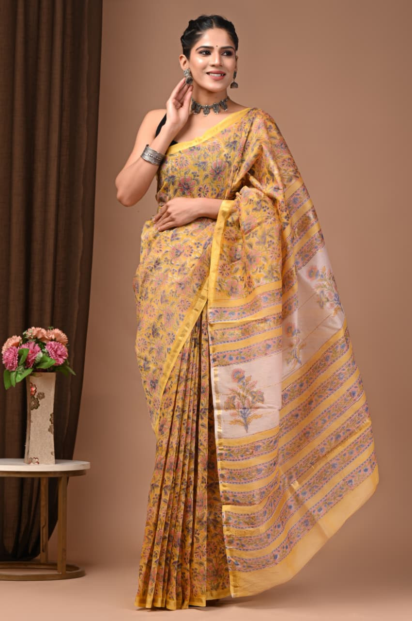 Yellow Hand Block Printed Traditional Silk Saree with Blouse: Natural Dyes & Colors