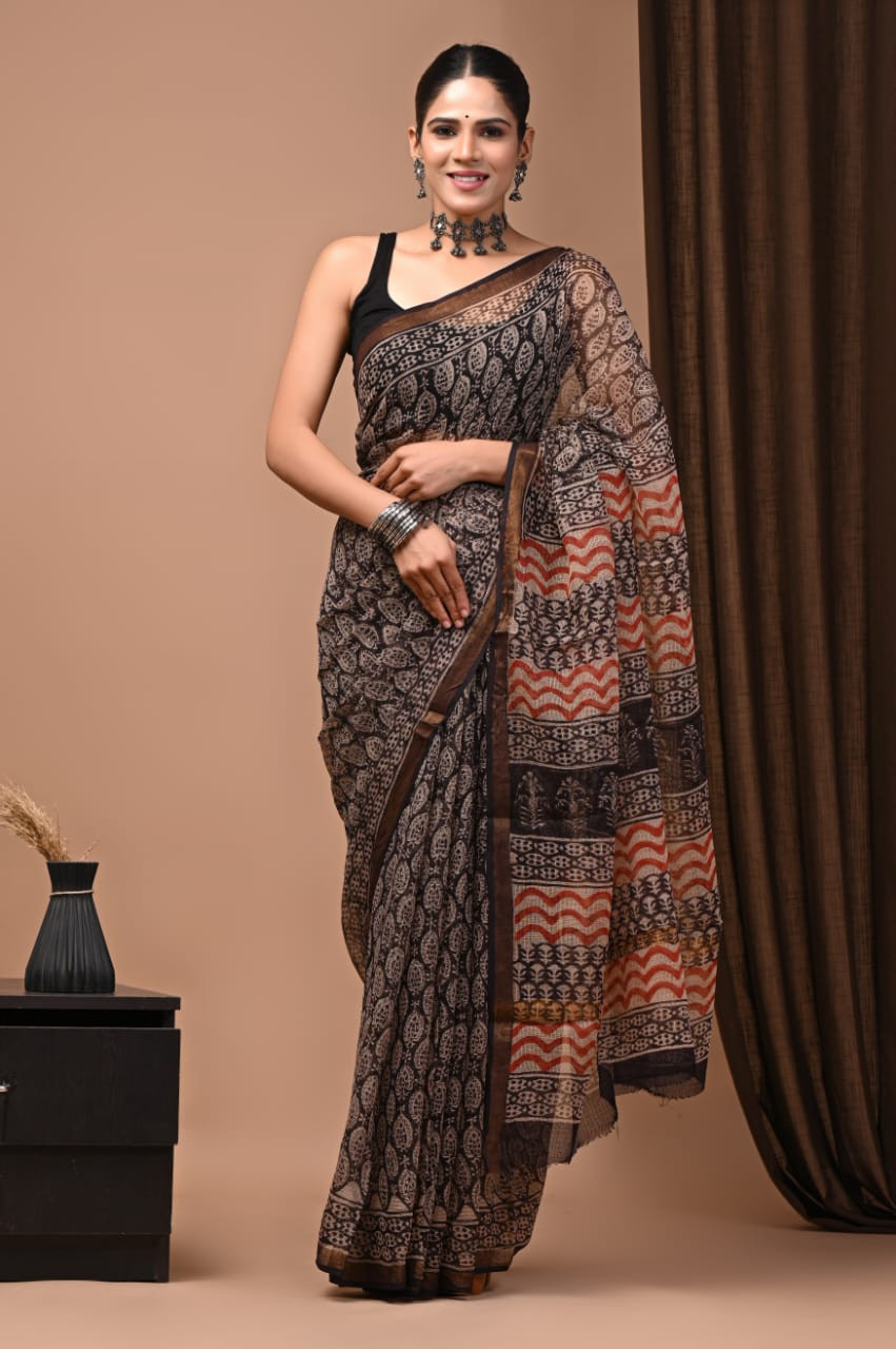 Black & Red Hand Block Printed Kota Doria Saree