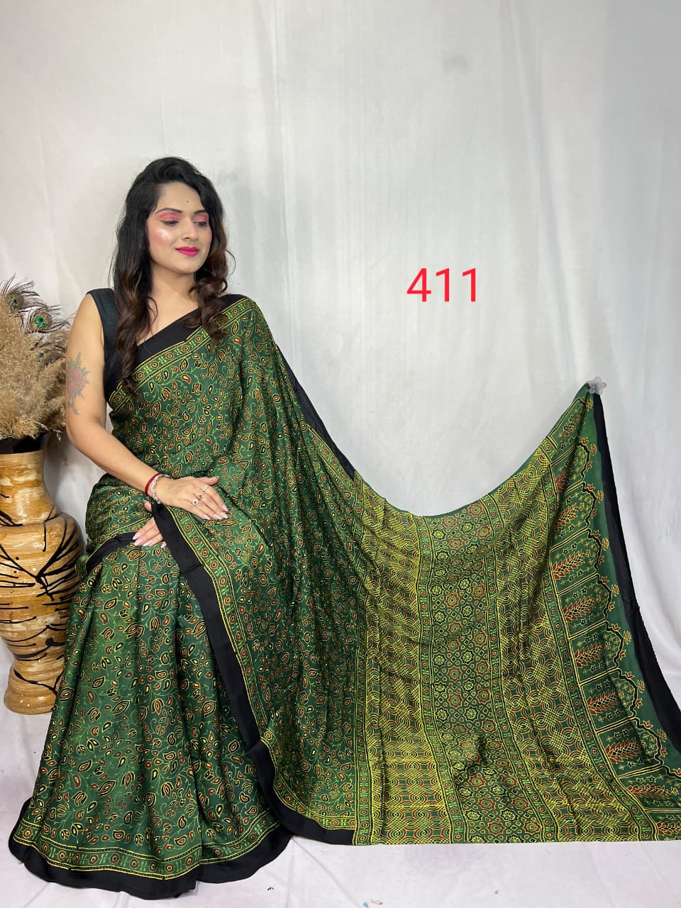 Green and Black Ajrakh Hand Block Printed Modal Silk Saree