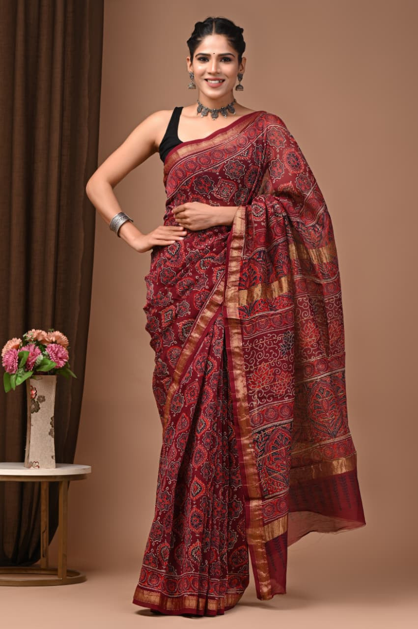 Maroon Hand Block Printed Maheshwari Silk Saree