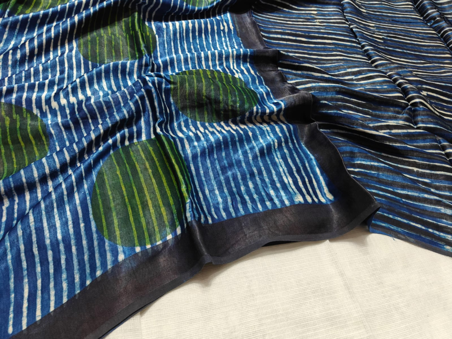 Blue and Green Hand Block Print Ajrk Vanaspati  Pure Modal Silk Saree with printed blouse