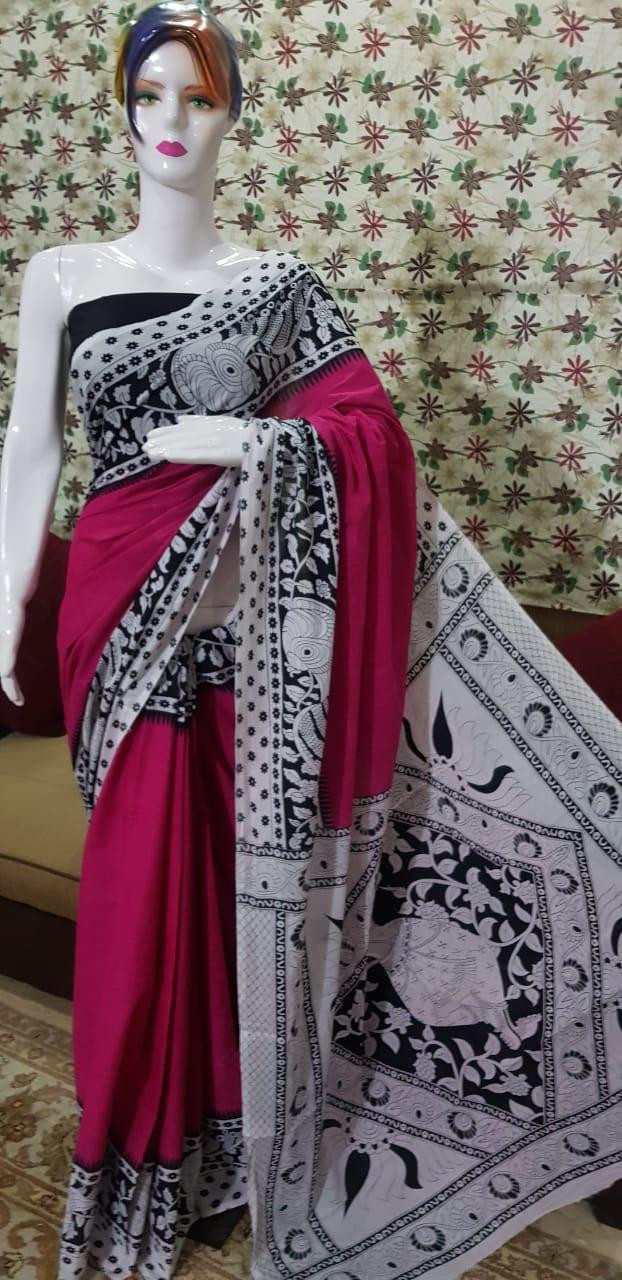 Vibrant Magenta Pink Cotton Saree with Traditional Monochrome Kalamkari Style Pallu.