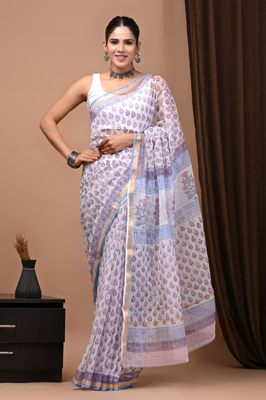 White & Blue Hand Block Printed Kota Doria Saree