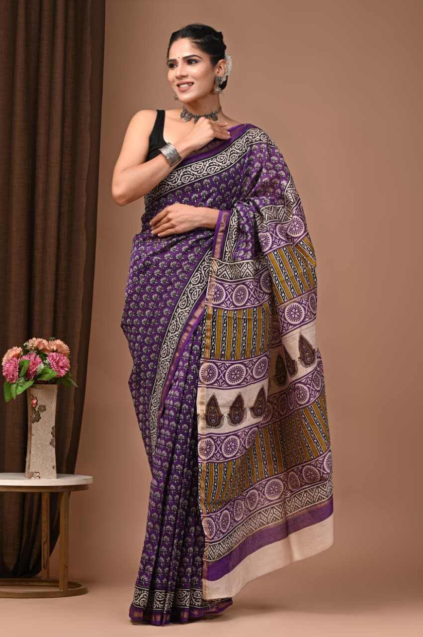 Shahi Baingan Hand-block Printed Maheshwari Silk Saree