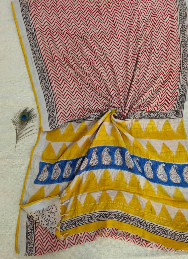 Pure Maheshwari Silk Hand block print Unstitched Suit.