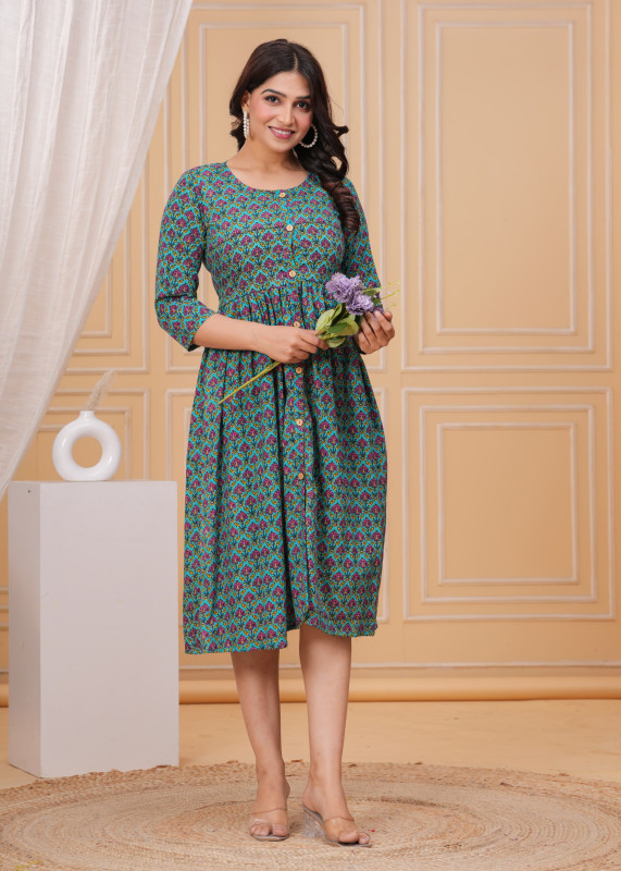 Lime Green & Pink Sprig Print Cotton  one piece dress