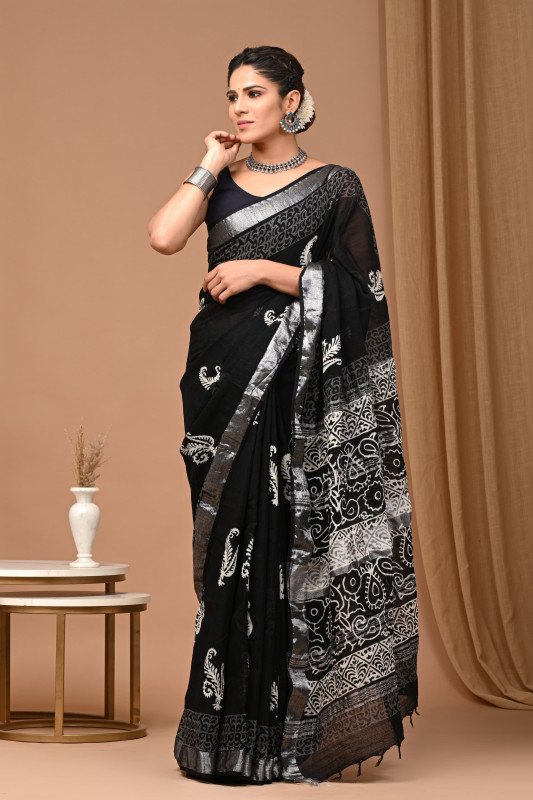 Black and silver handblock printed paisley and floral pattern saree.