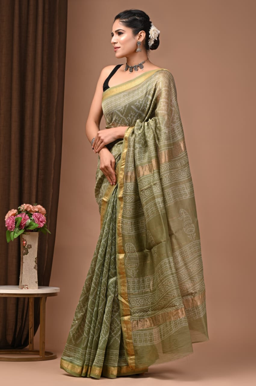 Olive Green Jamdani Design Jacquard Woven Cotton Blend Saree