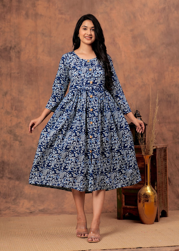 Dark and blue The "Vibrant Heritage" Collection: Handblock Printed Cotton Button-one piece dress