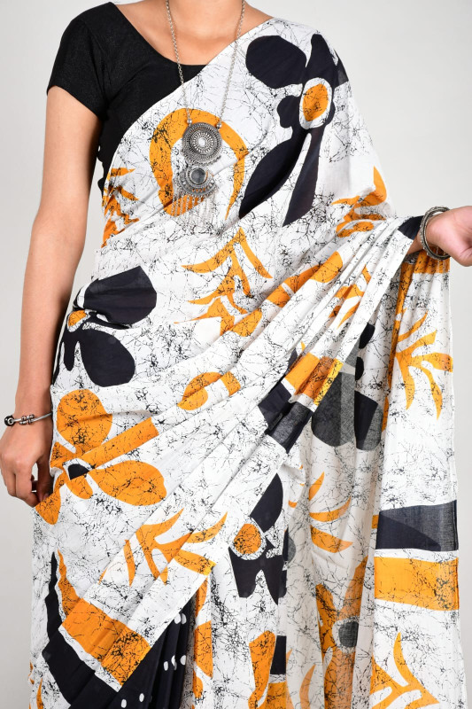 White and Mustard Yellow Floral Cotton Mulmul Saree