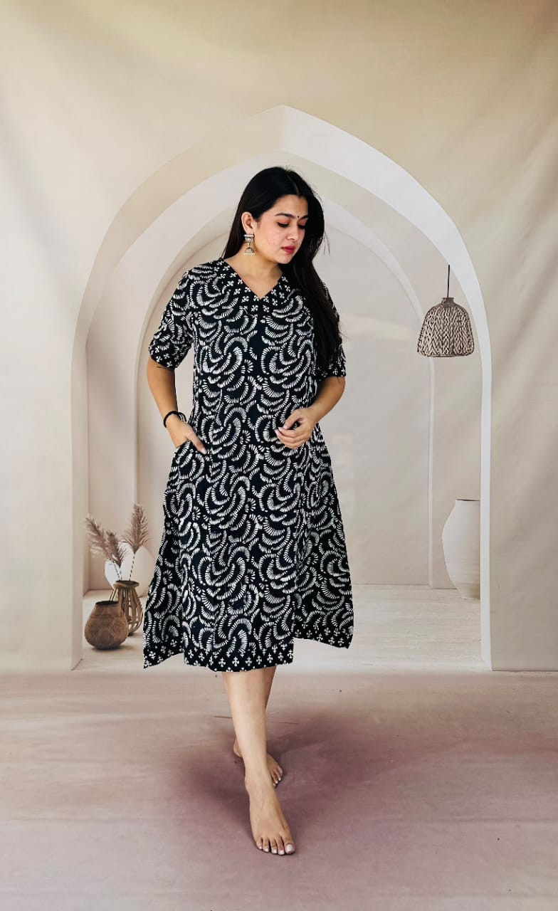 black and white printed cotton A-line kurti.