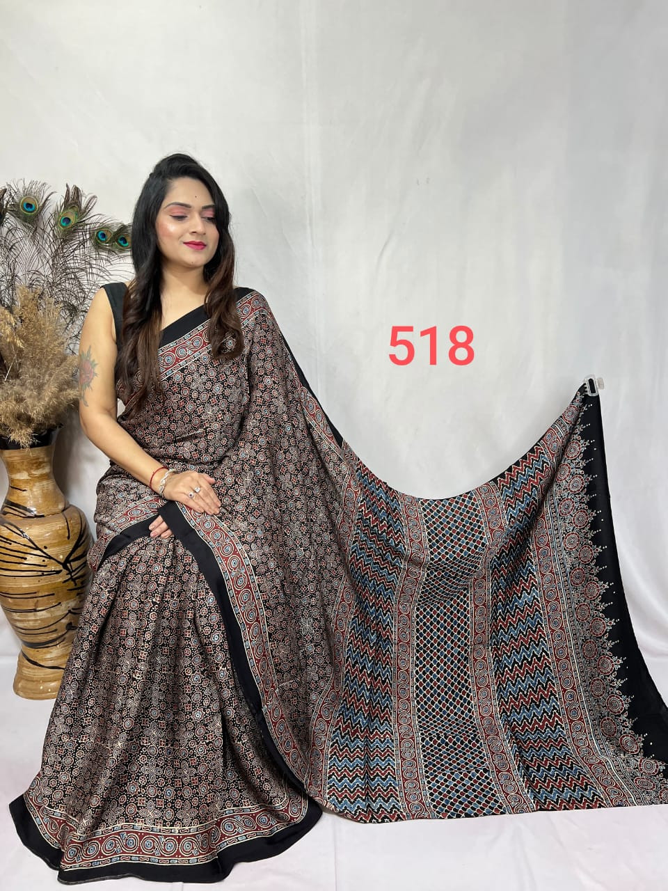 Brown & Black Ajrakh Hand Block Print Modal Silk Saree.